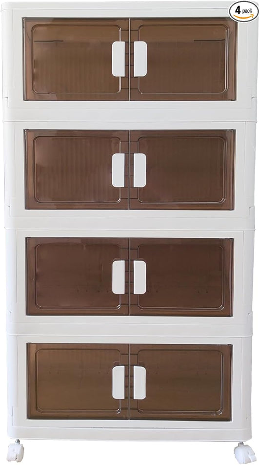 64 Gallons Storage Bins with Lids - Folding Storage box with Doors and Wheels, Collapsible Plastic Storage Bins for Closets, Stackable Storage Organizer (Large-4Tier)