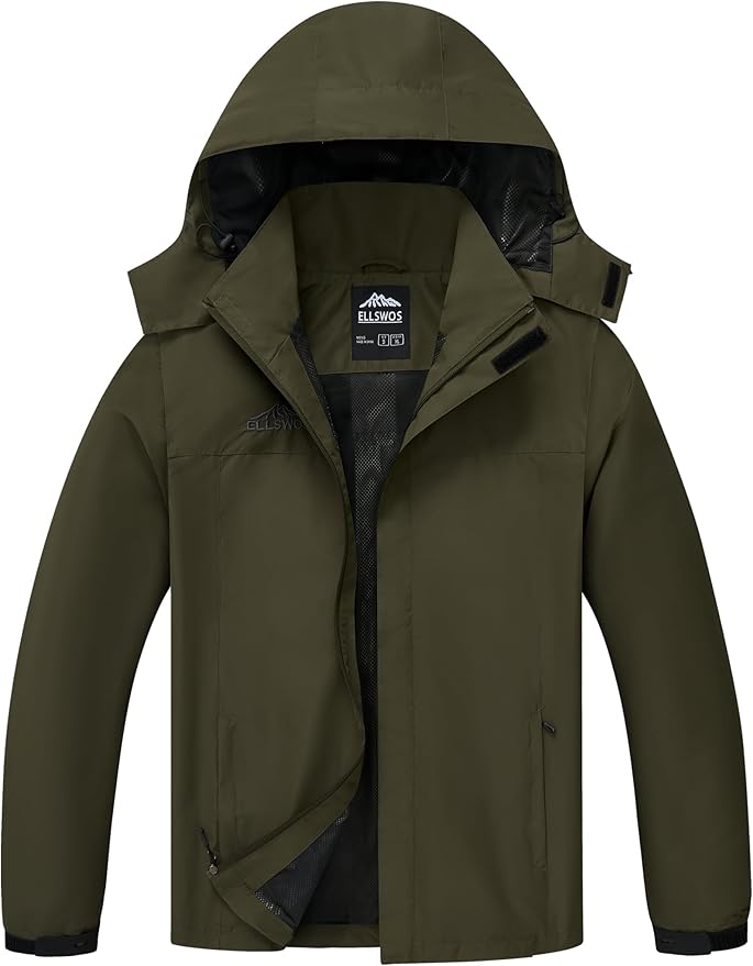 ELLSWOS Men's Waterproof Raincoat Lightweight Rain Jacket with Detachable Hood Softshell Windbreakerl for Hiking Travel
