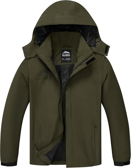 ELLSWOS Men's Waterproof Raincoat Lightweight Rain Jacket with Detachable Hood Softshell Windbreakerl for Hiking Travel