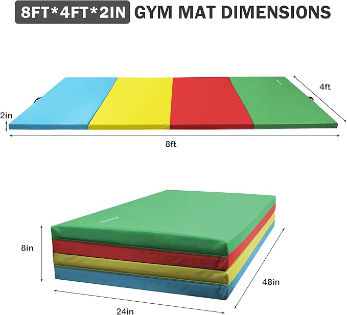Folding Exercise Gymnastics Mat, 4'x8'x2" Gym Workout Mat with Carrying Handles 4-Fold High-Density Anti-Tear Portable Fitness Aerobics Mat for Home Gym Yoga Pilates Tumbling MMA Core Training