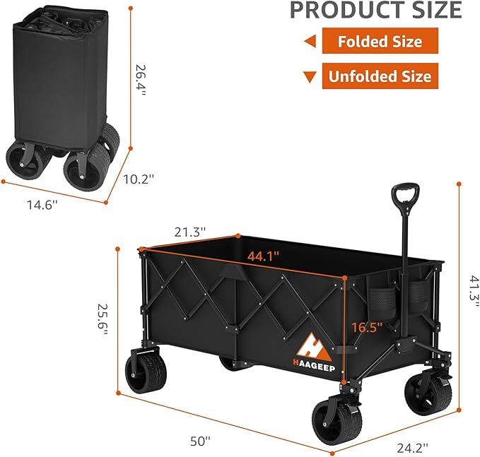 Collapsible Wagon Cart with Wheels - Foldable Wagons300L Heavy Duty-550lbs, Beach Wagon with Big Wheels for Sand Folding Utility Wagons Carts for Sports Shopping Camping
