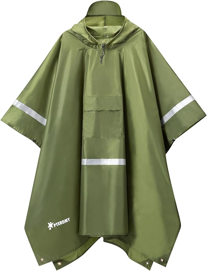 PTEROMY Hooded Rain Poncho for Adult with Pocket, Waterproof Lightweight Unisex Raincoat for Hiking Camping Emergency