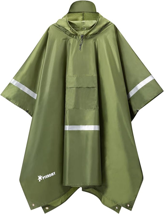 PTEROMY Hooded Rain Poncho for Adult with Pocket, Waterproof Lightweight Unisex Raincoat for Hiking Camping Emergency