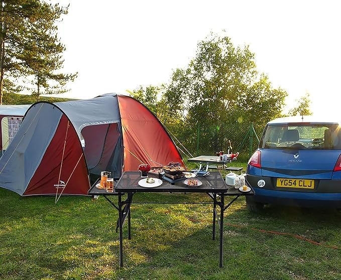 CDEN Camping Grill Table, Camping Table, Portable Table, with Side Table, Mesh Bag, for Camping, Outdoor, Picnic, Indoor