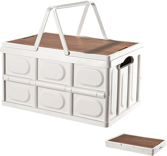 VPTMRP Collapsible Storage Bin with Handles and Wooden Lid, Large Capacity Stackable Utility Crates Holds 33lbs for Outdoor Home Storage Organizing Moving (55L/14.5Gal)