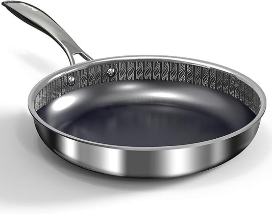 10“ Hybrid Ceramic Nonstick Frying Pan, 3-Ply Stainless Steel Skillet, 2-Layer Nonstick Coating, PFAS & PTFE Free, 9H Hardness & Corrosion Resistance, Dishwasher Safe, Induction Compatible