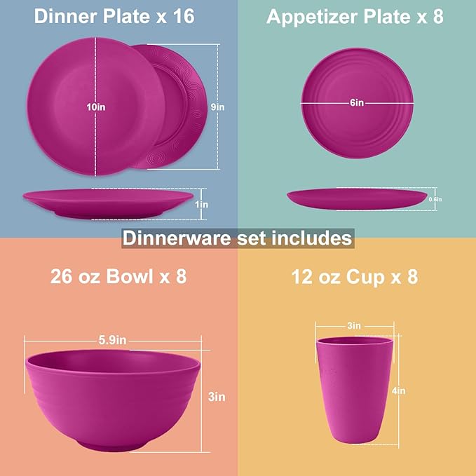 40 Pieces Wheat Straw Dinnerware Sets Service for 8, Plates and Bowls Sets, Dinner Plates, Cereal Bowls and Drinking Cups, Unbreakable and Reusable Plastic Dinnerware Sets (Pink)