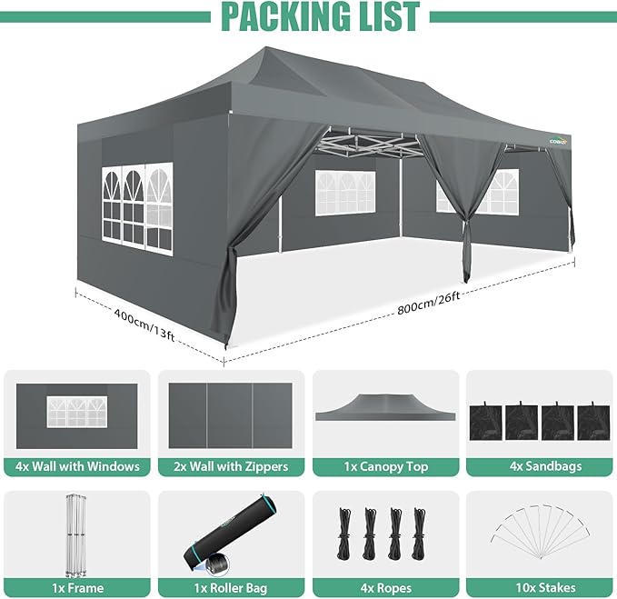 COBIZI 13x26 Pop Up Tent 13x26 Canopy with Sidewalls Heavy Duty Canopy Party Tent for Parties, Outdoor Wedding Large Event Tent Wind Waterproof UPF 50+ Ez Up in Garden Lawn with Roller Bag, Gray