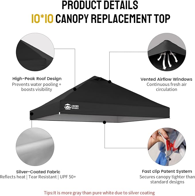 CROWN SHADES 10x10 Canopy Replacement Top - Only Compatible with Crown Shades RM100H Series, Silver Coated with Air Vent, Black (Top Only)