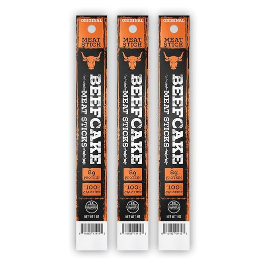 Beefcake Jerky Original Meat Sticks, Smoky Beef Protein Snacks, 8g Protein Zero Sugar, Gluten Free Low Calorie Keto Friendly, Premium Quality Meat Sticks - 3 Sticks