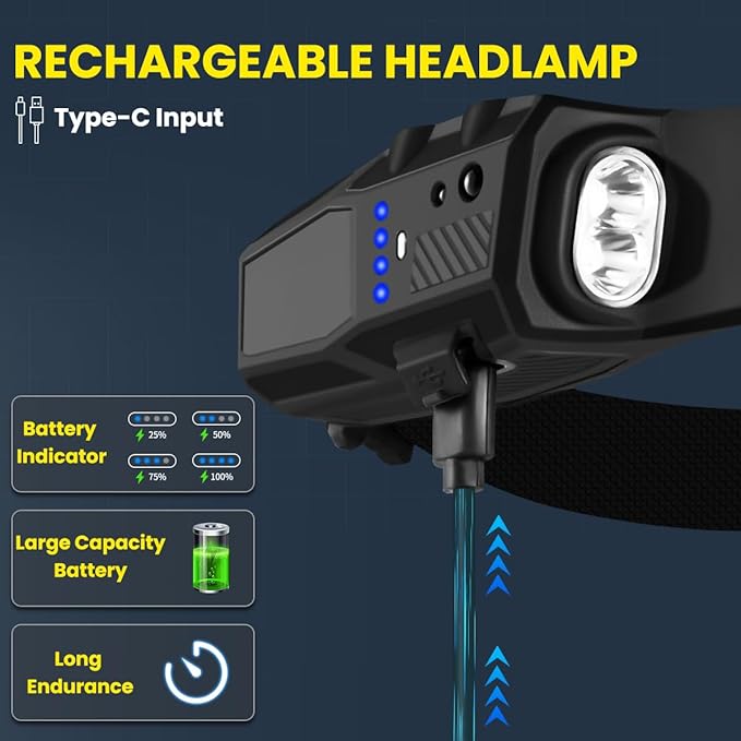 Headlamp Rechargeable 6Pack, 230° Wide Beam LED Headlamp, 7Mode Headlamps for Adults, Head Lamp with Motion Sensor, Red Light Head Lamps LED Rechargeable, Head Lights for Forehead Running Camping