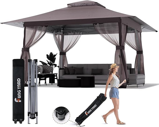 13x13 Outdoor Patio Gazebo with Mosquito Nettings - Double Roof Pop Up Canopy Tent with Wheeled Carry Bag, for Backyard Deck Lawns Garden (Brown, 13x13)