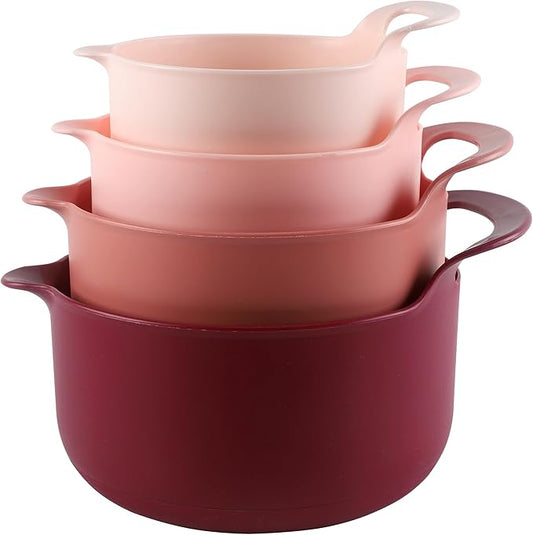 COOK WITH COLOR Nesting Plastic Mixing Bowl Set with Pour Spouts and Handles, Rose, 4 Piece Non-Slip