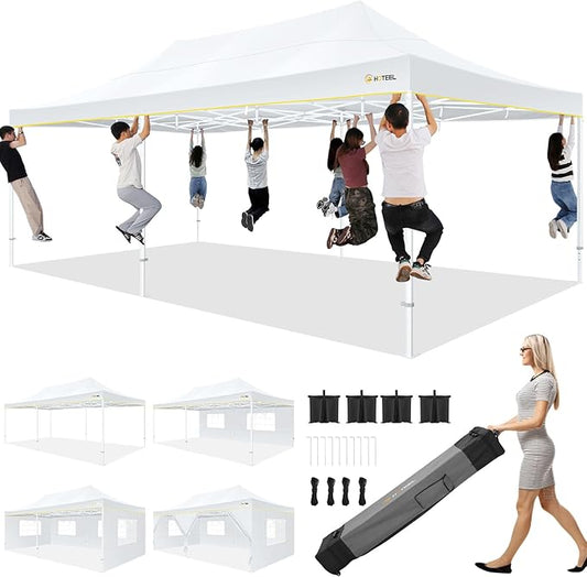 HOTEEL 13x26 Pop up Canopy Tent for Parties, Heavy Duty Easy Setup Tent with 6 Sidewalls, Outdoor Commercial Instant Gazebo for Wedding Event, with Roller Bag & Sand Bags, White(Hexagonal Frame)