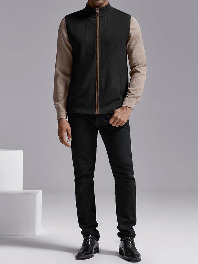 Ryannology Mens Sweater Vest Zip up Casual Sleeveless Cardigan Knitted Stand Collar Regular Fit Jacket with Pockets