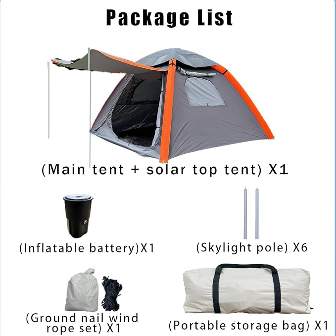 Solar Rechargeable 4 Person Inflatable Tents for Camping - Waterproof Beach Family Glamping Tents with Mesh Doors and Windows
