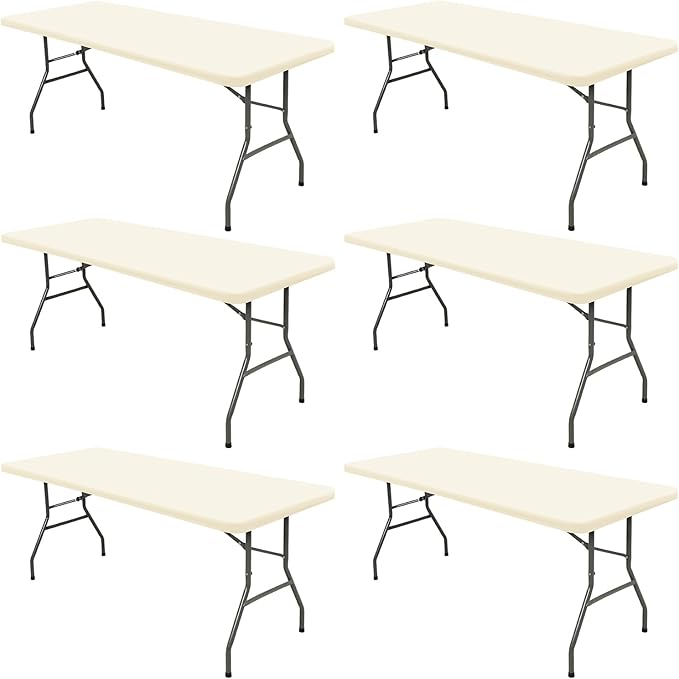 6 Pack Table Cover Fitted Picnic Elastic Tablecloth for 8 Foot Rectangle Tables Waterproof Stretch Washable Folding Indoor and Outdoor Spandex Table Cloth for Parties Banquet Camping (Beige,30" x 96")