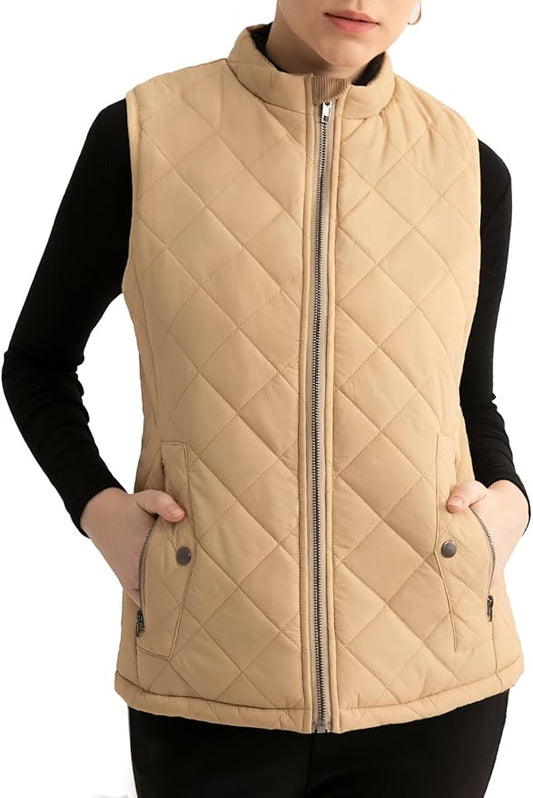 Women's Vest, Quilted Puffer Water-Resistant Zip With Pockets