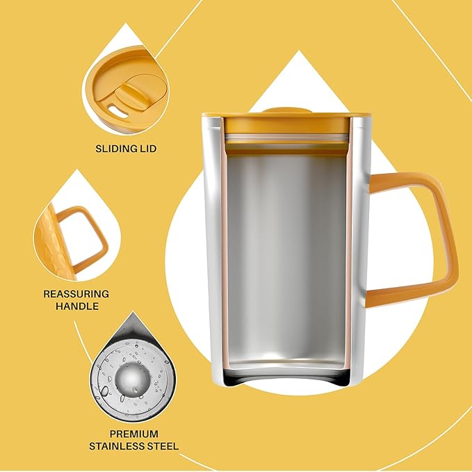 Ideus Vacuum Insulated Coffee Mug, 16oz Reusable Stainless Steel Thermal Double Walled cup with Handle and Slider Lid for Hot & Cold Beverages, BPA Free (Leapord Honey)