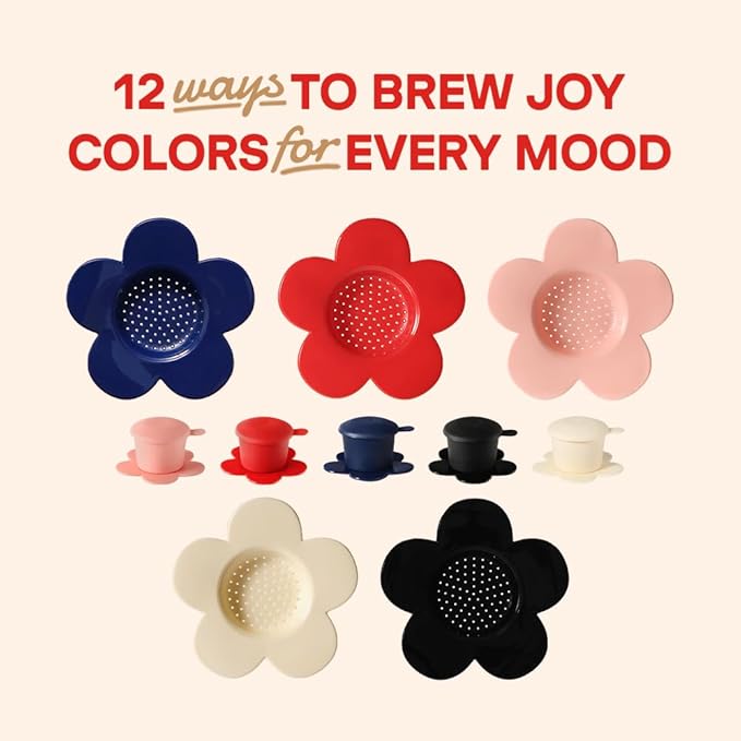 – Vietnamese Coffee Dripper – MIX COLORS – Pour Over Coffee Maker with Flower Design – Reusable Coffee Filter for Sustainable Brewing (Pink + Ivory)