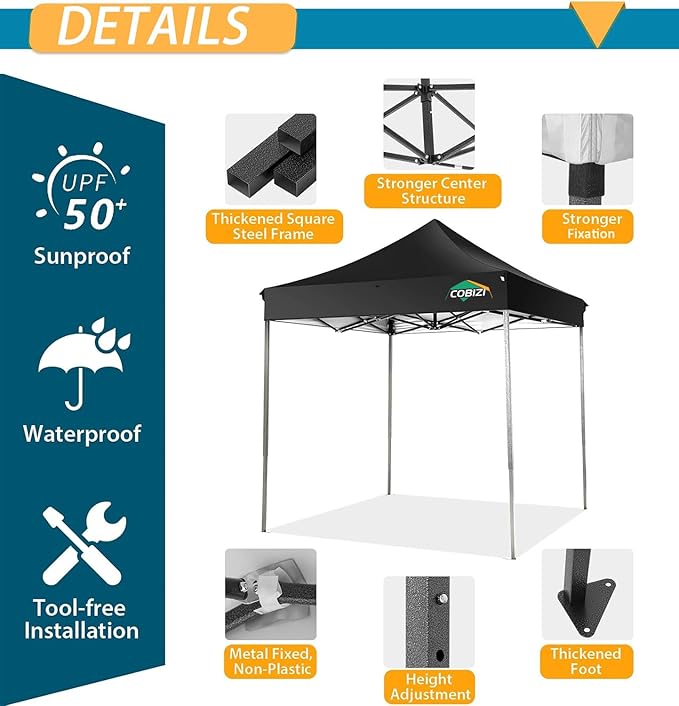 COBIZI 6.6x6.6 Pop Up Canopy Without Sidewall,Heavy Duty Canopy UPF 50+ All Season Wind Waterproof Commercial Outdoor Party Tents for Parties Canopy Gazebo with Storage Bag(6.6 x 6.6 ft Black)