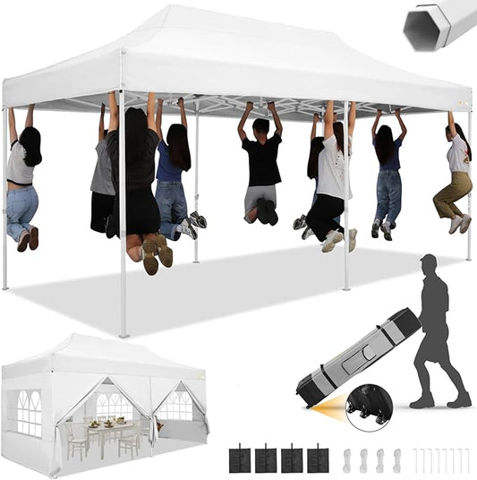 HOTEEL 10x20 Heavy Duty Pop Up Canopy Tent with Sidewalls, Commercial Outdoor Canopy Tents for Parties Event Wedding with Roller Bag, Waterproof & UV 50+, Upgraded Thickened Hexagonal Legs, White