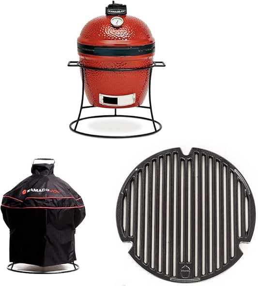 Kamado Joe KJ13RH 13.5 inch Portable Charcoal Grill, Blaze Red - Includes KJ15080420 Grill Cover, Black & Cast Iron Sear Plate (KJ15090620) for Classic Joe and Joe Jr Grills