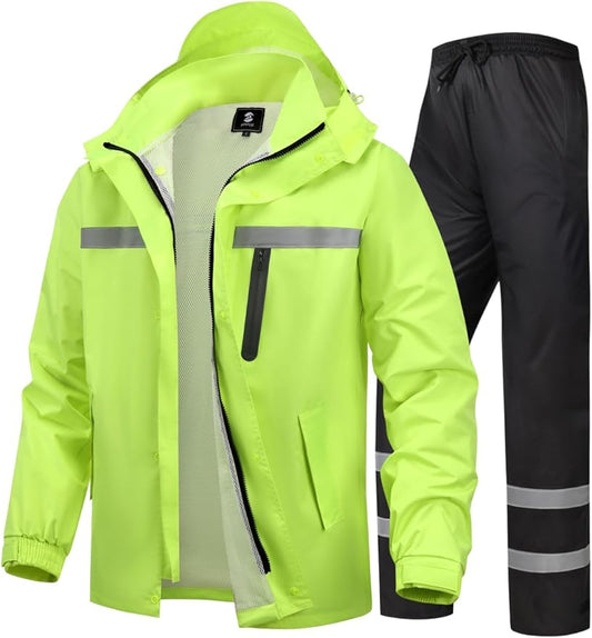 Men's Rain Suit High Visibility Reflective Work Rain Jacket Pants for All Sport Farm Fishing Motorcycle