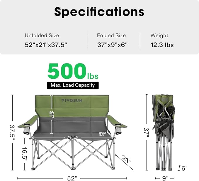 [outlets]VIVOSUN Double Camping Chair, Fully Padded Folding Loveseat, Portable Oversized Duo Chair with Storage Cup Holders, Height-adjustable Armrests & Carry Bag, Supports up to 500lbs, Green & Grey