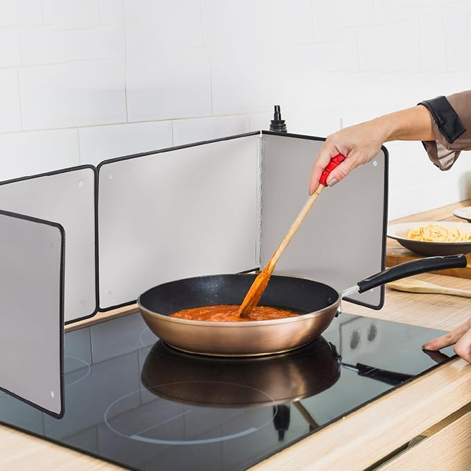 Silver Large 2 Pieces 2 Sided Stainless steel Splatter Guard for Frying Stove Top,Oil Splash Guard Cooking for Stove,Non Stick Foldable Splatter Screen