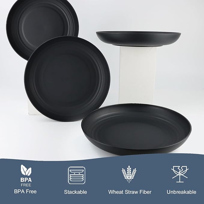 Homienly Deep Dinner Plates Set of 12 - Alternative to Plastic - Microwave & Dishwasher Safe - Wheat Straw - Unbreakable - Kids Plates (Black, 10 inch)