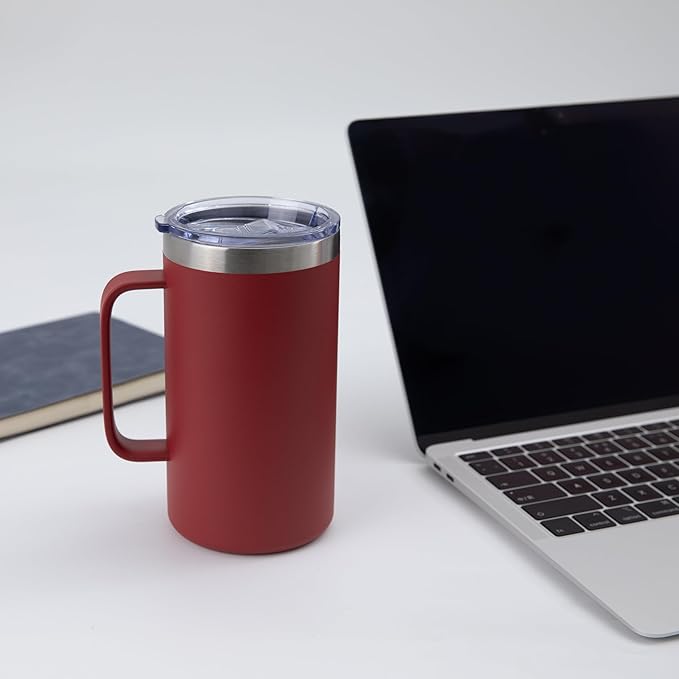 DOMICARE 24oz Mug with Handle and Lid, Stainless Steel Coffee Mug, Travel Mug with Handle, Double Wall Vacuum Coffee Tumbler, Reusable Insulated Cup, Dark Red, Pack 8