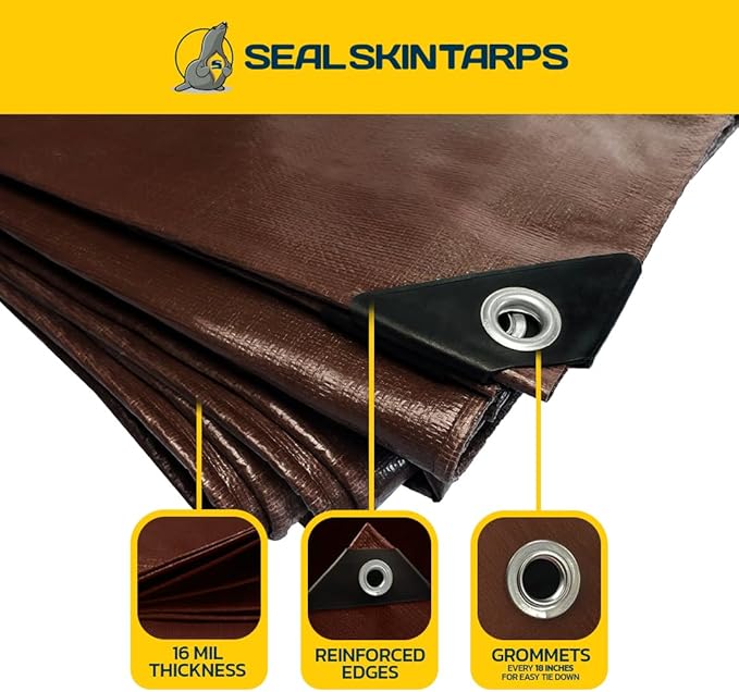 Seal Skin Covers Heavy Duty Waterproof Tarp 12x20 FT, 16 Mil 8 OZ 160 GSM Thick Brown Poly Tarp with Rustproof Grommets, Tear-Proof Cover with Reinforced Edges for Camping, Pool, Canopy Use