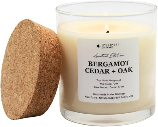PERIPETI Home Bergamot, Cedar + Oak Scented Candle, Classic Wick – 8.5oz Natural Soy Wax for Energizing Aromatherapy, Long-Lasting Burn