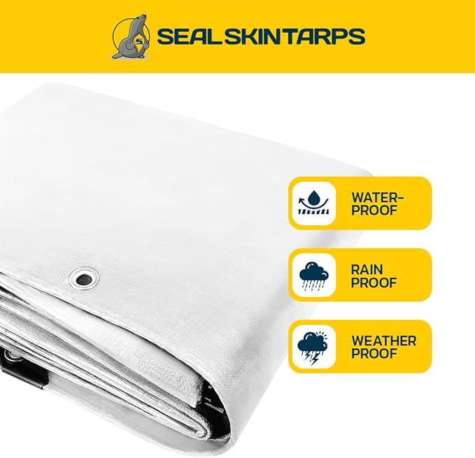 Seal Skin Covers Heavy Duty Waterproof Tarp 12x16 FT, 12 Mil 8 OZ 120 GSM Thick White Poly Tarp with Rustproof Grommets, Tear-Proof Cover with Reinforced Edges for Camping, Pool, Canopy Use