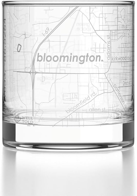 Well Told Engraved Bloomington Indiana Map Rocks Glass, Old Fashioned Glassware (11 oz, Clear) Etched Bourbon Tumbler, Gifts For Whiskey Lovers
