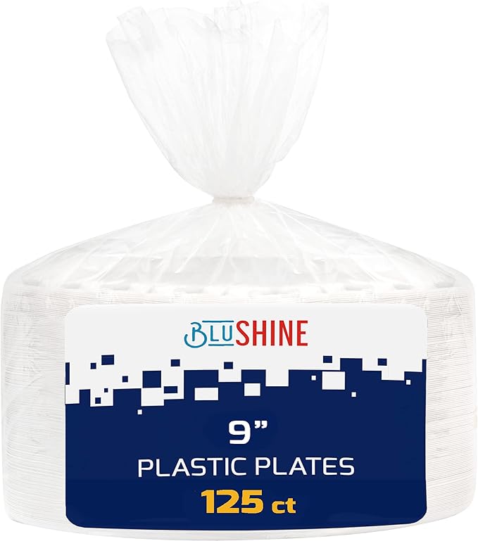 125 Pack - 9 Inch White Plastic Plates Disposable Strong and Sturdy