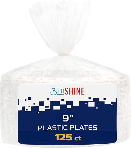 125 Pack - 9 Inch White Plastic Plates Disposable Strong and Sturdy
