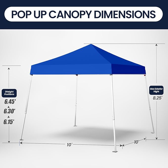 10x10 Pop Up Canopy, 300D Silver Coated Blue Fabric Outdoor Gazebo, Beach Tent Slant Legs with Storage Bag,Easy Up Sun Shade Shelter Tents with 8x8 Top Cover for Patio,Party
