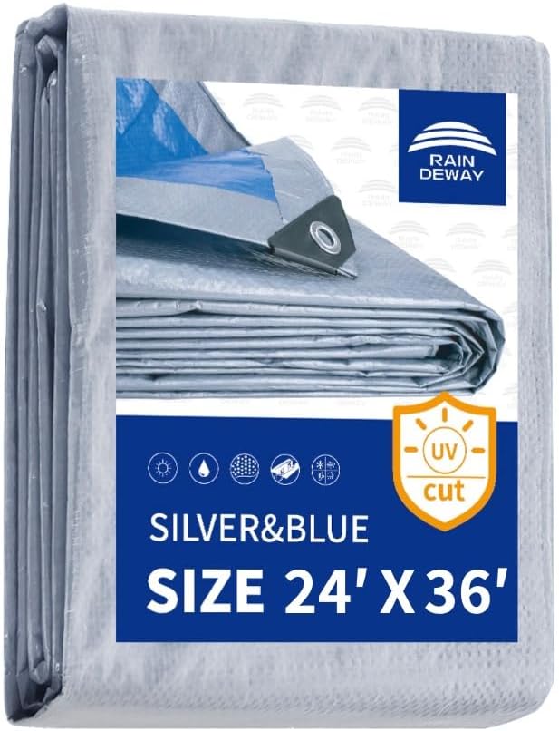 RAINDEWAY Large Tarps 24x36 Feet, 5.5 Mil - Multipurpose Waterproof Poly Tarp Cover with Metal Grommets and Reinforced Edges, Silver/Blue Tarp