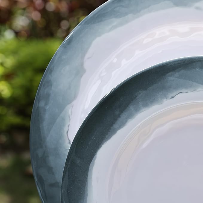 Melamine Dinnerware Sets-12 Pieces Outdoor Plates and Bowls Set for 4, Durable Dinner Plates for Camping Picnics Party, Chip Resistant Dishes, Grey Blue, Dishwasher Safe