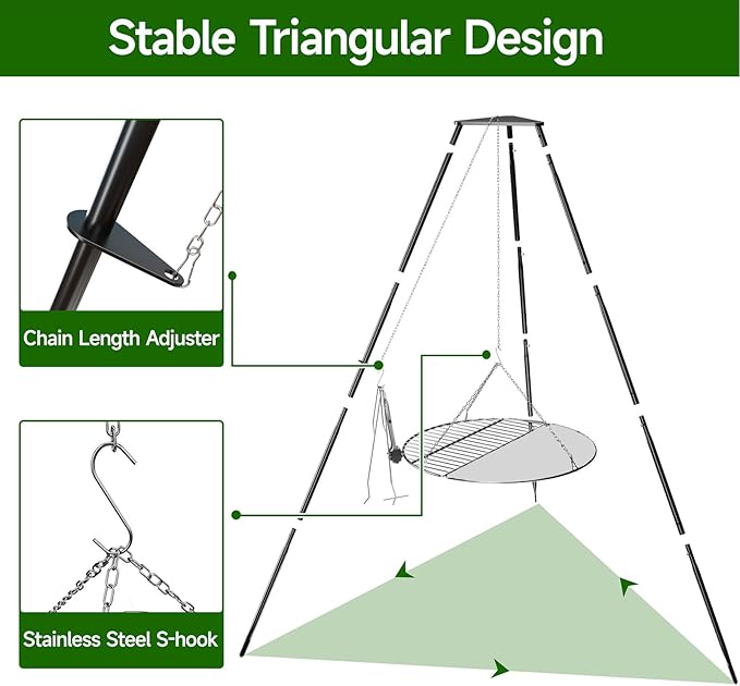 Campfire Tripod for Cooking, Portable & Collapsible Camping Cooking Tripod Grill with Round Grate for BBQ Picnic Outdoor Cookware Party