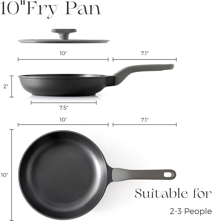 Nonstick Ceramic Frying Pan with Lid, 8/10 Inch Skillet with Stay Cool Handle, Fully Coated, Induction Compatible & Oven Safe, 100% Dishwasher Safe, PTFE & PFOA Free（10 Inch, Black Sesame）