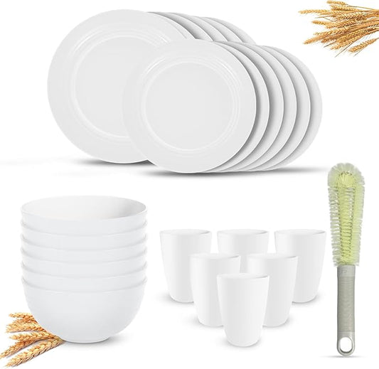 Kitchen Wheat Straw Dinnerware Sets (25pcs) Attached cleaning brush,Service For 6,Plastic Plates and Bowls Sets,Unbreakable Dinnerware,Lightweight Plastic Plate Set (white)