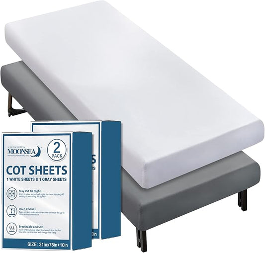Cot Sheets 31" x 75"(2 Pack), Cot Fitted Sheet Ultra Soft and Breathable Snug Fit for Narrow Twin Mattress/Camp Bunk Beds/RVs Bunk/Guest Beds/Army Cots/Trifold Mattress Grey and White, Cover Only