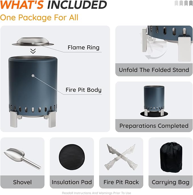 Mini Smokeless Tabletop Fire Pit with Pan Stand, Portable Stainless Steel Firepit Stove for Camping, Burns Pellets or Wood, Includes Travel Bag, Blue