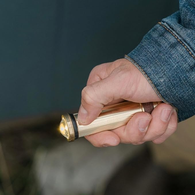 Barebones Mini Flashlight - Brass, Vintage-Style Rechargeable Flashlight with Adjustable Brightness, Magnetic Base, and Candle Flicker Mode – Compact Travel and Camping Light