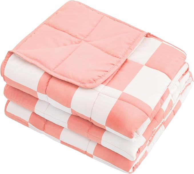 Pink Checkered Weighted Blanket for Adults 12lbs, 60"x80" Queen Size, Cooling Heavy Blanket for 110-130lbs with Premium Glass Beads, Soft Thick Big Blankets for All-Season Sleeping Comfort Breathable
