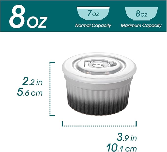vancasso 8 oz Ramekins with Lid, Porcelain Creme Brulee Souffle Dishes, Grey Pudding Custard Cups Ramiken for Baking, Dishwasher and Oven Safe, Set of 6