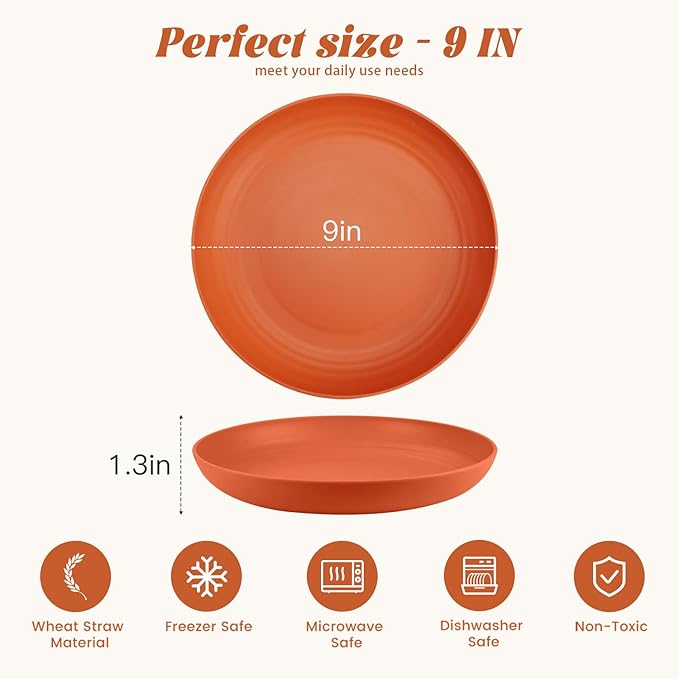 Homienly Wheat Straw Plates, 12-Pieces Unbreakable Dinner Plates - 9 Inch Alternative to Plastic Plates, Unbreakable Microwave and Dishwasher Safe Plate Set for Kitchen, Camping, Party - Multi